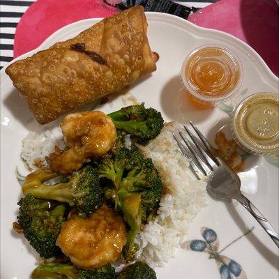 Shrimp and broccoli and shrimp egg roll.  Homemade sauces but food wasn't all that great this time