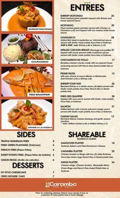 Menú Entrees, Shareable, Sides, Desserts.