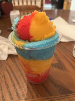 Large water ice with Very Cherry, Blue Raspberry, & Orange Creamsicle