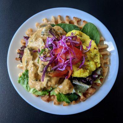 Mushroom Masala - Mushrooms cooked in a rich nut based cream sauce served with mashed potatoes and garden salad on a red chili chutney flavo