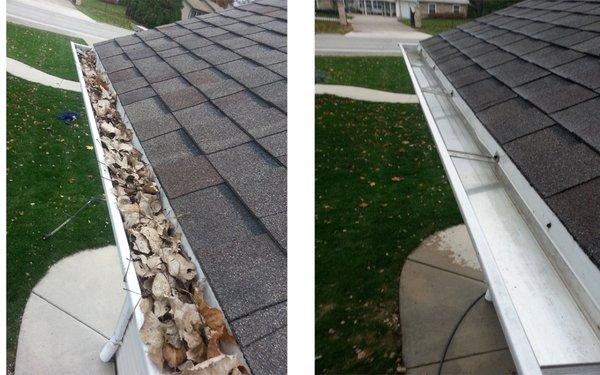 Gutter cleaning before and after pictures.