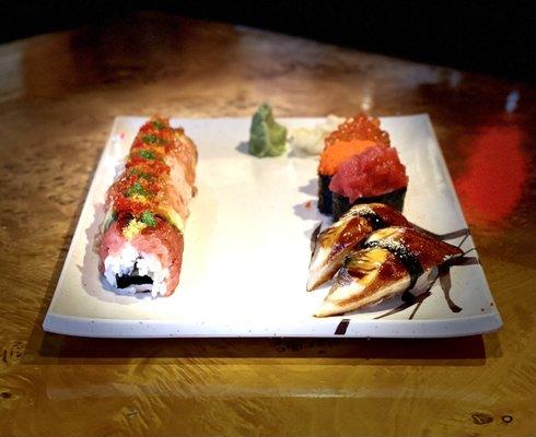 Rainbow Roll wit some warship rolls and Unagi - Eel (Kabayaki Style).