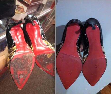 Before and after of a pair of Louboutin pumps. The heel tips were replaced, and the rubber soles were added. A job well done!