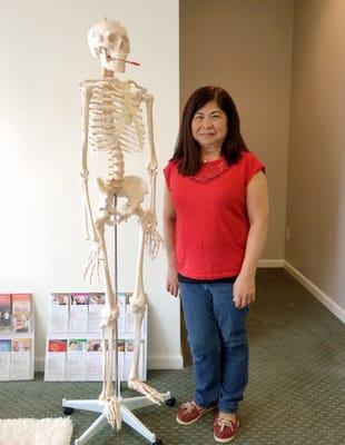 Posing with the skeleton at Swiss Acupuncture =)