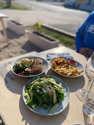 Avocado salad, fish of the day, fish and chips