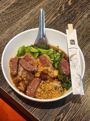 Spicy Beef Noodle Soup.
Beef rough flank and tendon were slow cooked for 5 hours. It ended up with tendor flesh and aromatic spices broth.