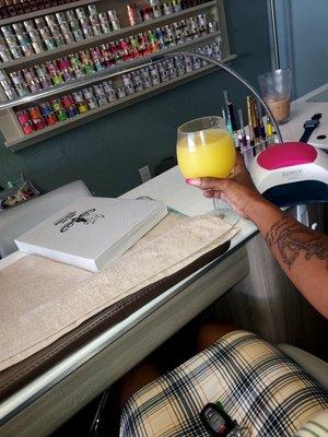 Mimosas in full size cup, clean, organized, and a happy place. The energy is so light, blissful and transformational.