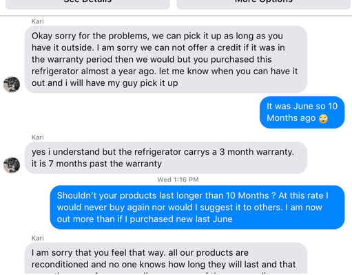 discussion with employee regarding fridge that wont work less than 10 months after purchase