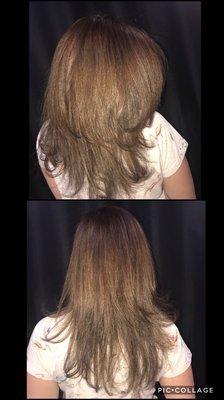 Warm dark blonde with a restoring deep conditioning treatment to bring your hair back to life