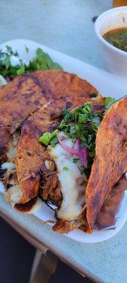 Birria, cheese, cilantro, onions, radish and Estellas homemade salsa.