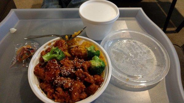 Sesame chicken, rice, and wonton soup lunch special. Only $5.75 after tax. Great deal, and a good amount of food!