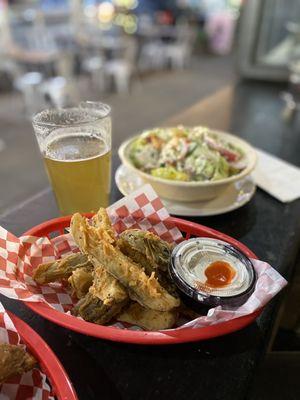 Fried pickles, salad, draft beer