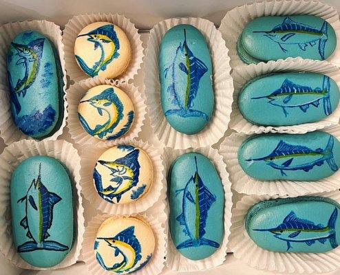 Custom hand-painted blue marlin macarons