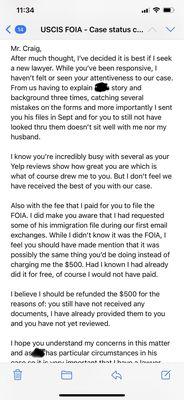 My email to him letting him go as our lawyer