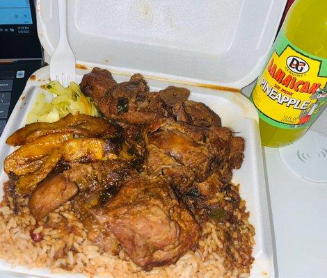 Stew Chicken with rice and peas, cabbage, & plantain, pineapple DG soda