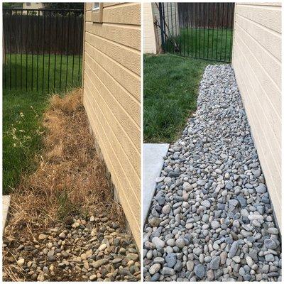 Weeds took over so we removed old rock and weeds added new barrier and fresh rock for a clean new look.