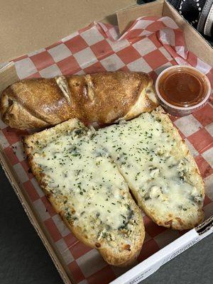 Meatballl Calzone either side of pizza sauce Cheesy Garlic Bread