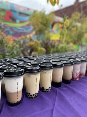 Taro Milk, Jasmine Green Milk Tea, and Strawberry Milk for our catering!