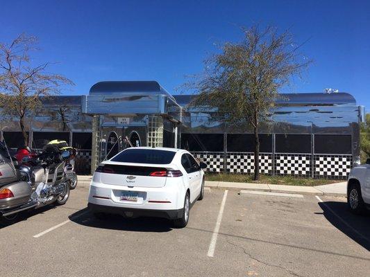 The silver exterior of this cool diner.