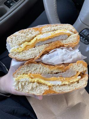 Sausage egg and cheese bagel with cheesy bagel