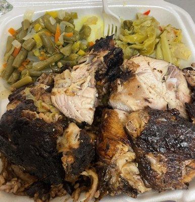 1/2 white jerk chicken with green beans, cabbage, red beans/rice