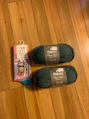 Two skeins of yarn and socks.