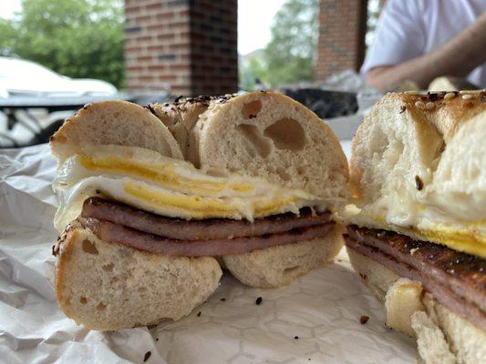 Everything Bagel with pork roll, egg, and cheese.