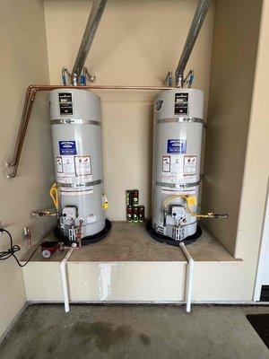 Double water heater installation for a residential home in Rancho Cucamonga.