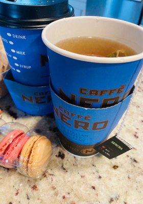 Cappuccino green tea and a macaroon trio