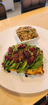 V Cado Toast, on homemade vegan bread, arugula, avocado, sundried tomatoes and balsamic glaze
GF,V