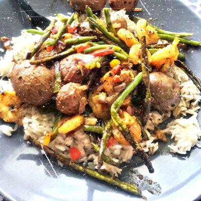 Peppered Shrimp wild caught Air fried in Avacodo Oil with fresh Herbs Green Beans Red Potatoes Sweet andor Hot Peppers w Brown Jasmine Rice