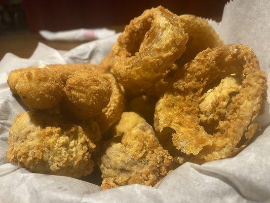 Appetizer sampler - with mozzarella sticks, fried okra, fried mushrooms, and onion rings