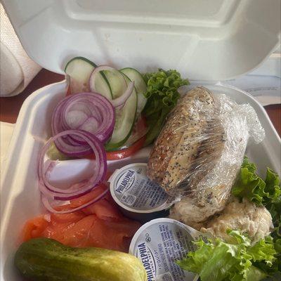 Fish platter with everything bagel lox whitefish cream cheese and all the fixings