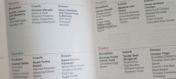 Patient food service menu