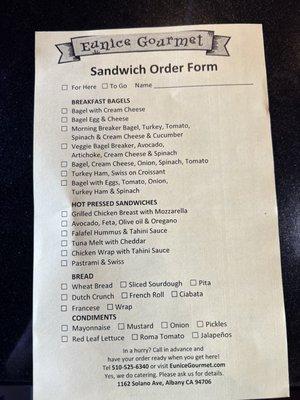 Menu order form