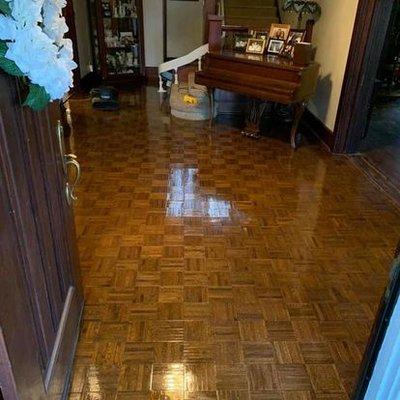 After cleaning and sealing parquet wood floor in a historic home