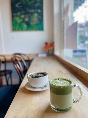 Black coffee & matcha latte