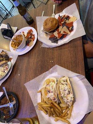 Fresh fish tacos, hickory bacon and crumbled blue cheese burger, homemade chili