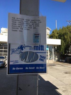 Aww, people stole the convenient, free hand sanitizer