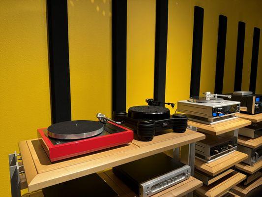 Just a few of Pearl's turntable offerings: Linn,  Acoustic Signature, and Burmester.