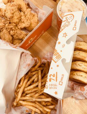 14 pieces Chicken tenders meal. Sides- fries and Mac and cheese, buttery biscuits.