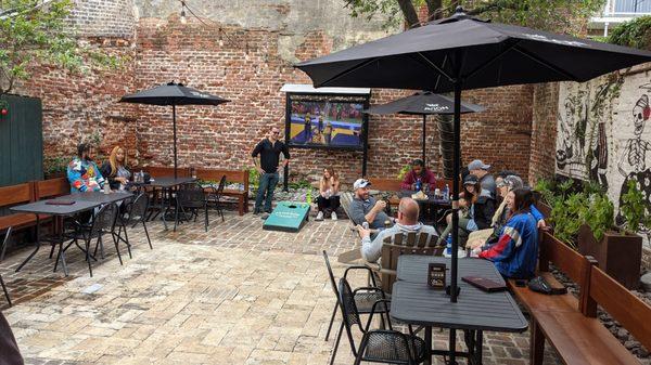 Cornhole in the private biergarten!