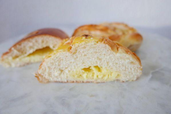 Pineapple Bun ( front) , Custard Bun (left),  Taro Bun (right)