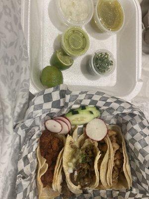 Pollo, asada, and el pastor tacos.