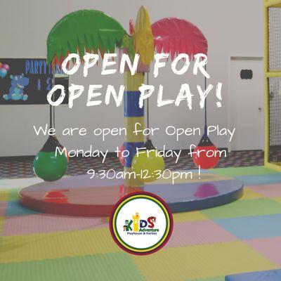 We are open for Open Play Monday to Friday from 9:30am-12:30pm !
 
 All guests must wear socks. FREE WI-FI AND COFFEE.