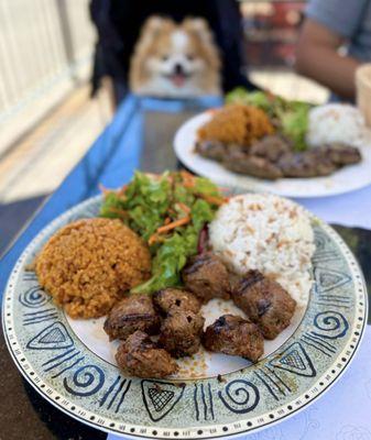 Lamb Kebab Plate w/ rice, bulgar, salad ($20)