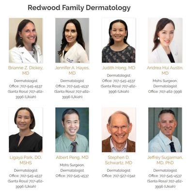 Redwood Family Dermatology physicians Dickey, Hayes, Hong, Hui Austin, Park, Peng, Schwartz, Sugarman