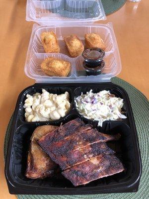 1/4 ribs and chicken. Mac & Cheese and coleslaw