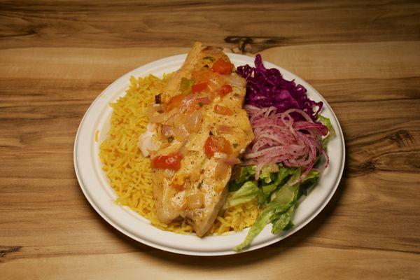 Salmon with rice and salad