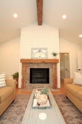 White oak, hand hewn mantel and ceiling beam